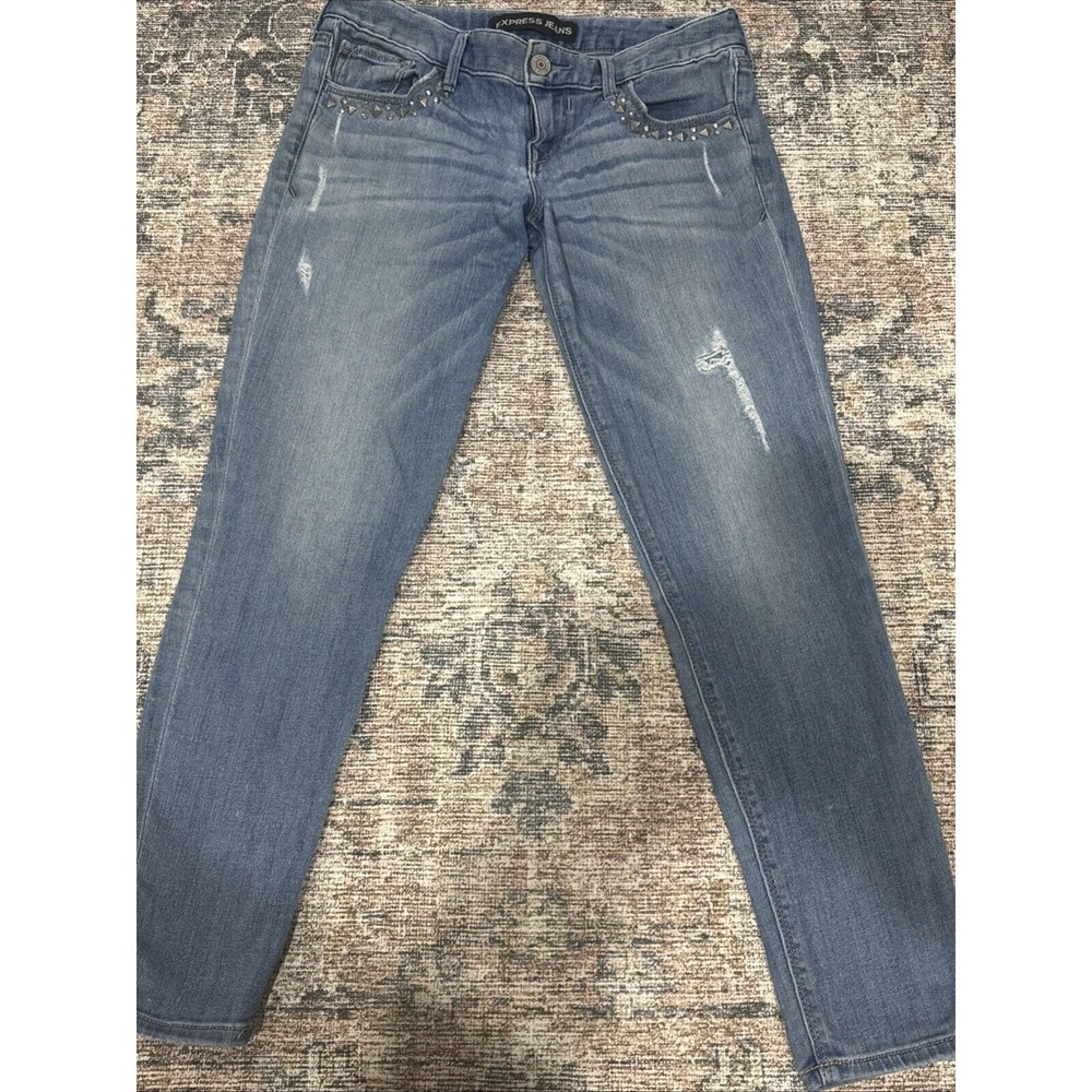 Express Jeans Cropped Legging Low Rise Women's 2R Blue Distressed Whisker Frayed